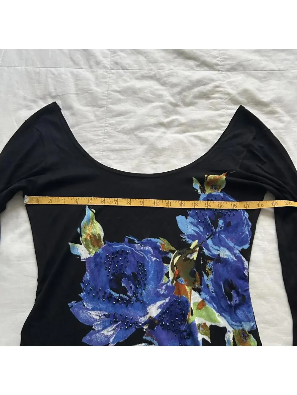 Y2K Cache Black Blue Rose Floral Beaded Off Shoulder Top Large - Picture 4 of 5